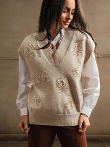 Anewsta Chaleco holgado de punto con cuello en V, con flores de rosas y perlas bordadas, para otoño e invierno