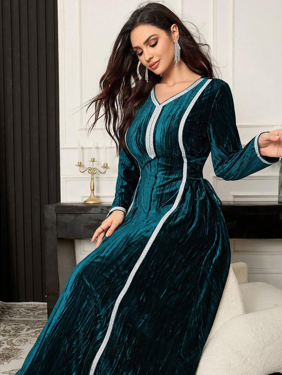 Al Najma Elegantes Ribbon Patchwork Langkleid, Herbst, elegantes A-Linien Jalabiya, bescheidenes Langarmkleid im arabischen Stil, für Abendpartys