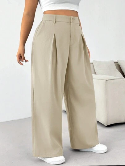 SHEIN EZwear 大码休闲拉链开合褶皱侧袋阔腿西装裤毕业、返校、教师秋冬女士套装