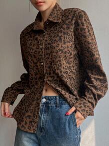 DAZY 豹纹宽松翻领长袖女式衬衫 - 棕色 - 查看 6