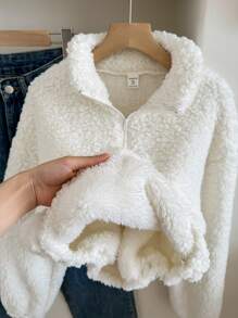 SHEIN Leap Crew Teen Girls White Stand Collar Zipper Thermal Lined Warm Pullover Sweatshirt,In Fall/Winter - White - View 5