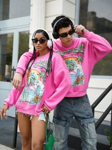 Manfinity VCAY Men's Loose Fit Crew Neck Printed Pattern Long Sleeve Pullover Sweatshirt, Suitable For Autumn And Winter - Hot Pink - View 3