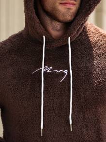 Manfinity Homme 2pcs Casual Men Plus Size Letter Embroidered Kangaroo Pocket Hooded Teddy Sweatshirt And Pants Set - Brown - View 6