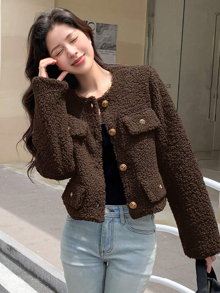 Women's Short Winter Round Neck Long Sleeve Faux Jacket,Fall Women Clothes