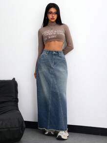 SHEIN ICON 秋季休闲牛仔裙，带毛边 - 藍色 - 查看 3