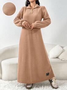 Mulvari 女士纯色拉链半高领宽松直筒休闲朴素长袖长袍连衣裙 - 駝色 - 查看 4