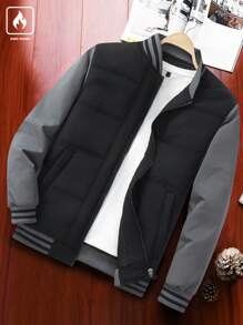 Manfinity LEGND Men's Casual Collared Patchwork Striped  Bomber Jacket - Black - View 1