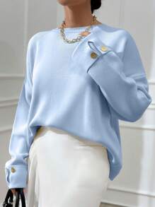 EURMUSE 女士双袖纽扣细节超大厚冬季毛衣 温暖触感 - 淺藍色 - 查看 5