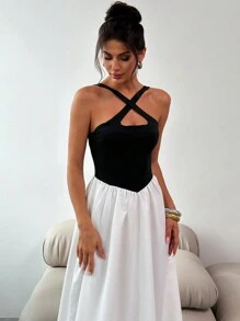 SHEIN Privé Women's Elegant Black And White Contrast Color Cross-Neck A-Line Dress - Black - View 6