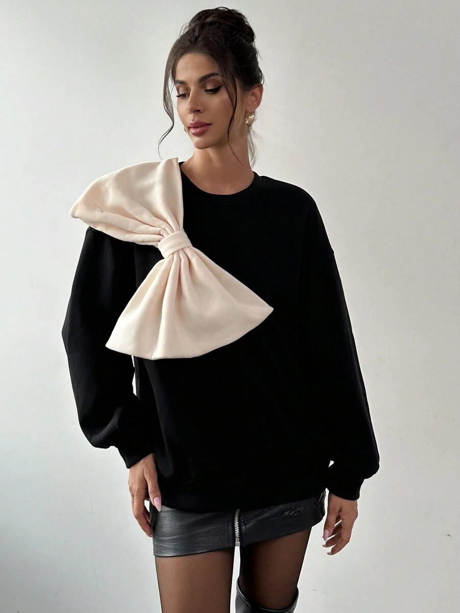 Firerie 女士宽松蝴蝶结优雅休闲工作运动衫，温暖秋冬 - 黑色 - 查看 1