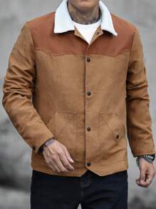 Manfinity Homme Men's Autumn/Winter Color Block Turndown Collar Single-Breasted Casual Jacket - Khaki - View 6