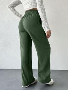 EURMUSE Ladies Casual Elastic Waist Drawstring Loose Wide Leg Pants - Army Green - View 2