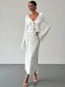 Aloruh Women's Elegant And Chic V Neck Tie Front Crop Top And Low Rise Low Waist Textured Skirt Two Pieces Set Long Sleeve Shirt With Skirt Sets Women Skirt Set Fall Women Skirts Casual Two Pieces Set Fall Two Pieces Sets - White - View 8