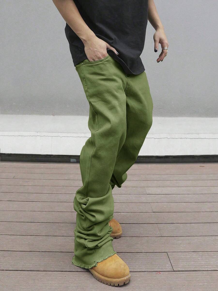 Manfinity Roghcode Men's Casual Washed Solid Color Flared Jeans