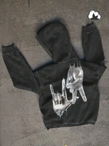 Manfinity Homme Men's Spring & Autumn Letter & Hand Gesture Printed Zip-Up Hoodie, Zipper Hooded Sweatshirt - Black - View 7