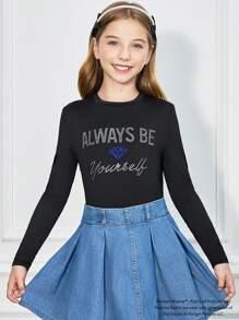 Marilyn Monroe X SHEIN Tween Girl Rhinestone English Letter Black Tight Tee