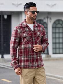 Manfinity VCAY Men's Slim Fit Plaid Print Collared Long Sleeve Flannel Shacket Suitable For Autumn