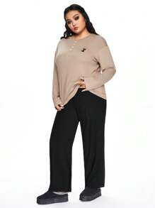 ROMWE Kawaii Plus Size Knit Ribbed Casual Lounge Pants & Long Sleeve Pajama Set - Multicolor - View 3