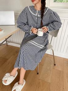 DAZY Floral Ruffled Loose Fit Nightgown In Country Style Pajama - Navy Blue - View 3