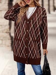 EMERY ROSE Women's Argyle Pattern Drop Shoulder Oversized Long Cardigan Sweater Women Cardigans Women Sweaters - Multicolor - View 5
