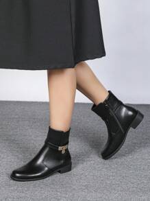 CUCCOO BIZCHIC 时尚百搭女士踝靴，黑色短靴，粗跟/低跟，秋季新款，侧拉链，搭扣，短筒，圆头，舒适百搭，适合春季、春假、复活节和圣诞节等场合。 - 黑色 - 查看 4