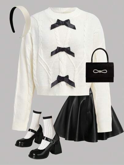SHEIN Girlism Teen Girl Ivory Cable Knit Texture Crew Neck Bowknot Sweater, Warm For Autumn And Winter