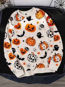 Manfinity Hypemode Men's Casual Halloween Pumpkin & Bat Print Loose Sweatshirt, Fall - White - View 1