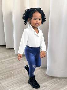 SHEIN Baby Girl Versatile White Lapel Long Sleeve Top, Autumn/Winter - White - View 6