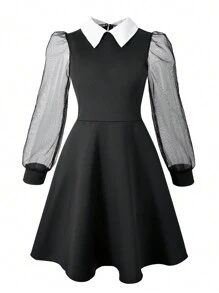 1pc Girls Wednesday Shirt Collar Black Mesh Patchwork Long Sleeve Dress, Mesh Puff Sleeve Dress, Autumn (Dress Only) - Black - View 3
