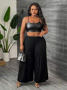 Slaydiva Calças femininas plus size com cintura elástica e cor sólida de malha com pernas largas - Preto - Ver 5