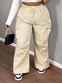 Slaydiva Pantalones cargo de talla grande con cintura alta, de uso casual, con bolsillo, color albaricoque