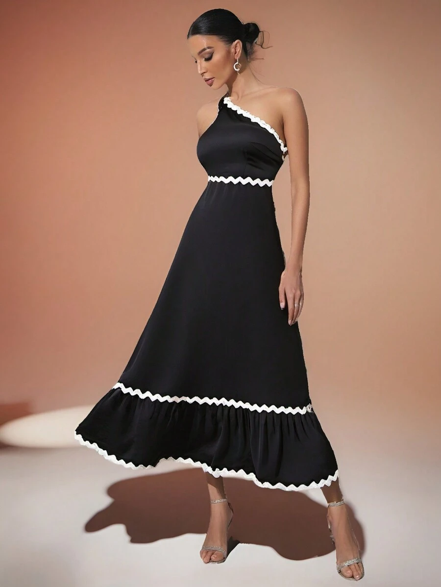 SHEIN Belle Women's Color Block Woven Tape Splicing Asymmetric Neckline Evening Gown,Semi Formal Prom Dress For Wedding Guest,Birthday,Graduation Homecoming - Black - View 1