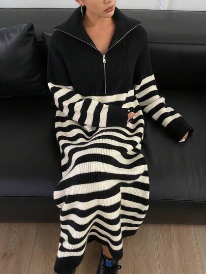 DAZY 新款时尚女式高领拉链条纹 A 字形毛衣裙，秋季