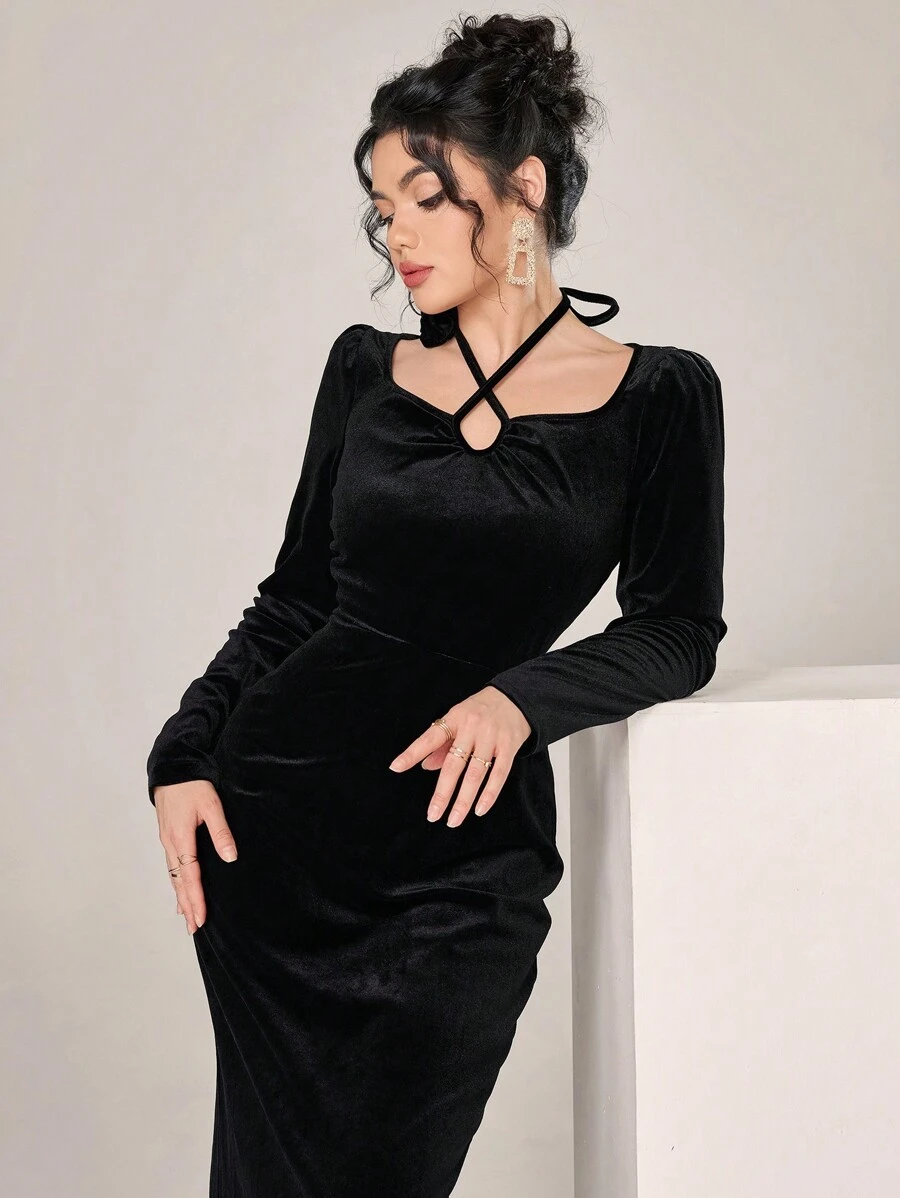 Modelyn Women's Solid Color Cross-Neck Long Sleeve Elegant Dress, Spring Autumn - Black - View 1
