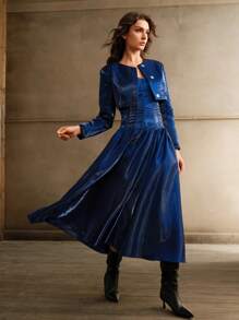 Anewsta Long Sleeve Outfit With Ruched Hemline In Metallic Fabric - Blue - View 1