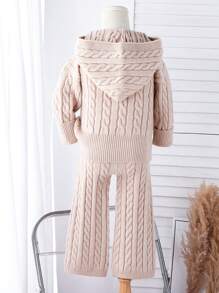 2pcs Toddler Girls Fall Outfit, Hooded Chunky Knit Sweater Set, Casual Loose Solid Color Knit Suit