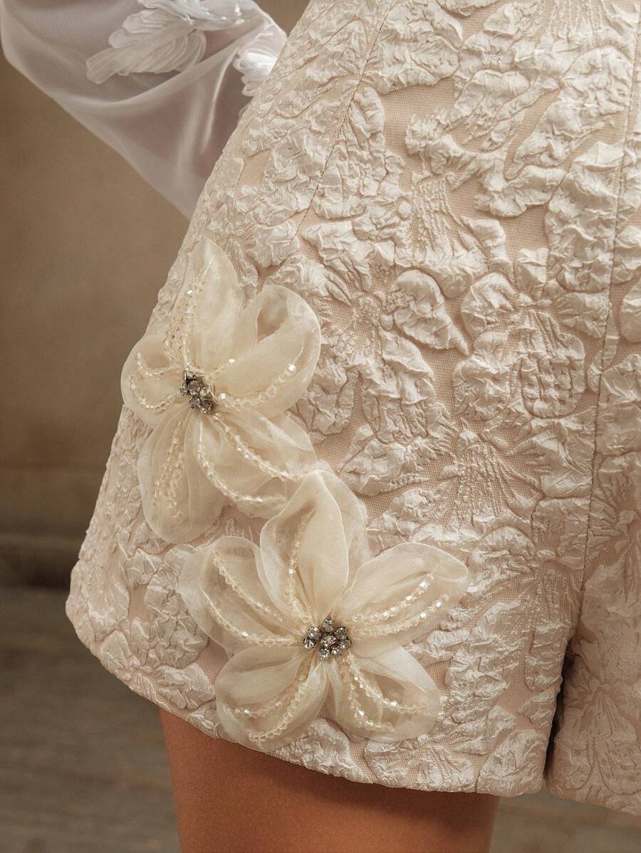 Anewsta French Elegant Embossed Handmade 3D Beaded Flower A-Line Shorts - Apricot - View 1