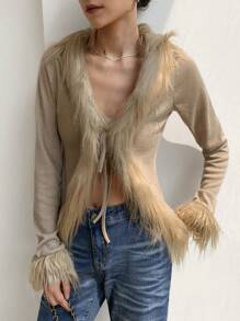 EastFlair Women Furry Trim Drawstring Mixed Casual Top - Camel - View 1