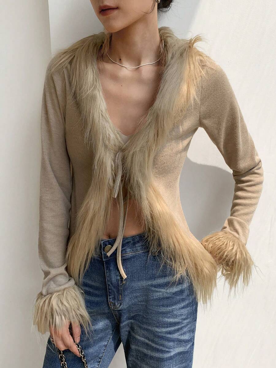 EastFlair Women Furry Trim Drawstring Mixed Casual Top - Camel - View 1