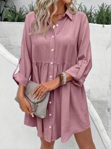 SHEIN Frenchy 纯色纽扣领中长袖简约短款连衣裙 - 藕粉色 - 查看 3