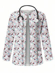 PopScrub Women's Printed Casual Long Sleeve  Uniform Jacket, Scrub Outerwear, Spring/Autumn - White - View 1
