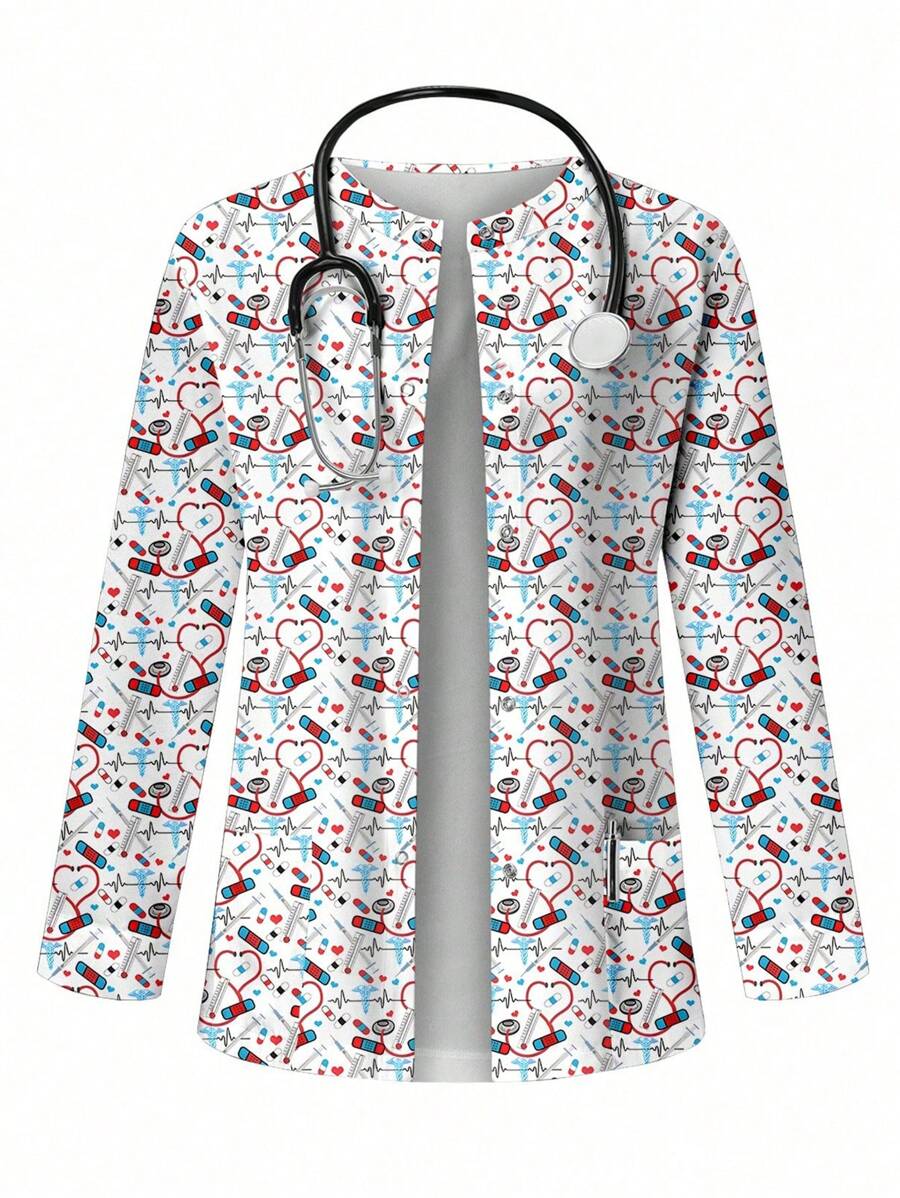 PopScrub Women's Printed Casual Long Sleeve  Uniform Jacket, Scrub Outerwear, Spring/Autumn - White - View 1