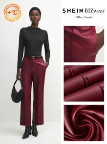 BizChic 女士纯色 PU 皮裤，带口袋，优雅直筒裤，秋冬季，适合圣诞节 - 酒紅色 - 查看 2