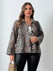 Franclia Chaqueta casual de manga larga con un solo pecho y estampado de leopardo para mujeres de talla grande, primavera y otoño