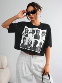 SHEIN EZwear T-shirt ample femme à col ras-du-cou, manches courtes, en tricot de couleur unie, style crop