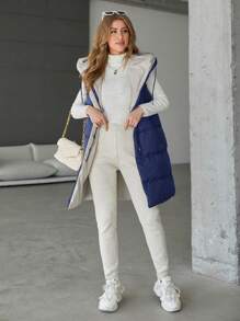 RueChic Women'S Solid Long Zipper Vest Padded Hooded Padded Jacket - White - View 3