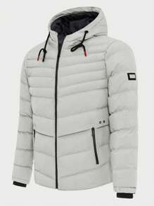 RueChic Men Patched Detail Drawstring Hooded Puffer Coat - Beige - View 3