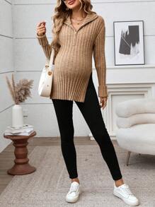 SHEIN Maternity Casual Zip-Up Ribbed Knitted Long Cardigan, Autumn/Winter - Camel - View 5