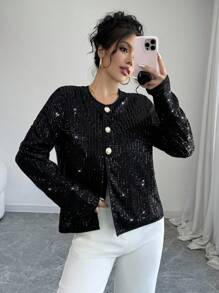 Chiquease Women's Round Neck Sparkling Long Sleeve Short Jacket For Party, Autumn & Winter