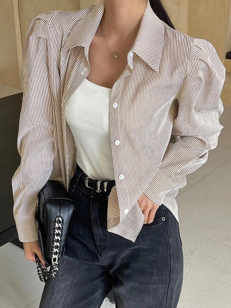 Striped Puff Sleeve Lapel Collar Button Down Long Sleeve Shirt For Women,Ruffle,Fall Clothes